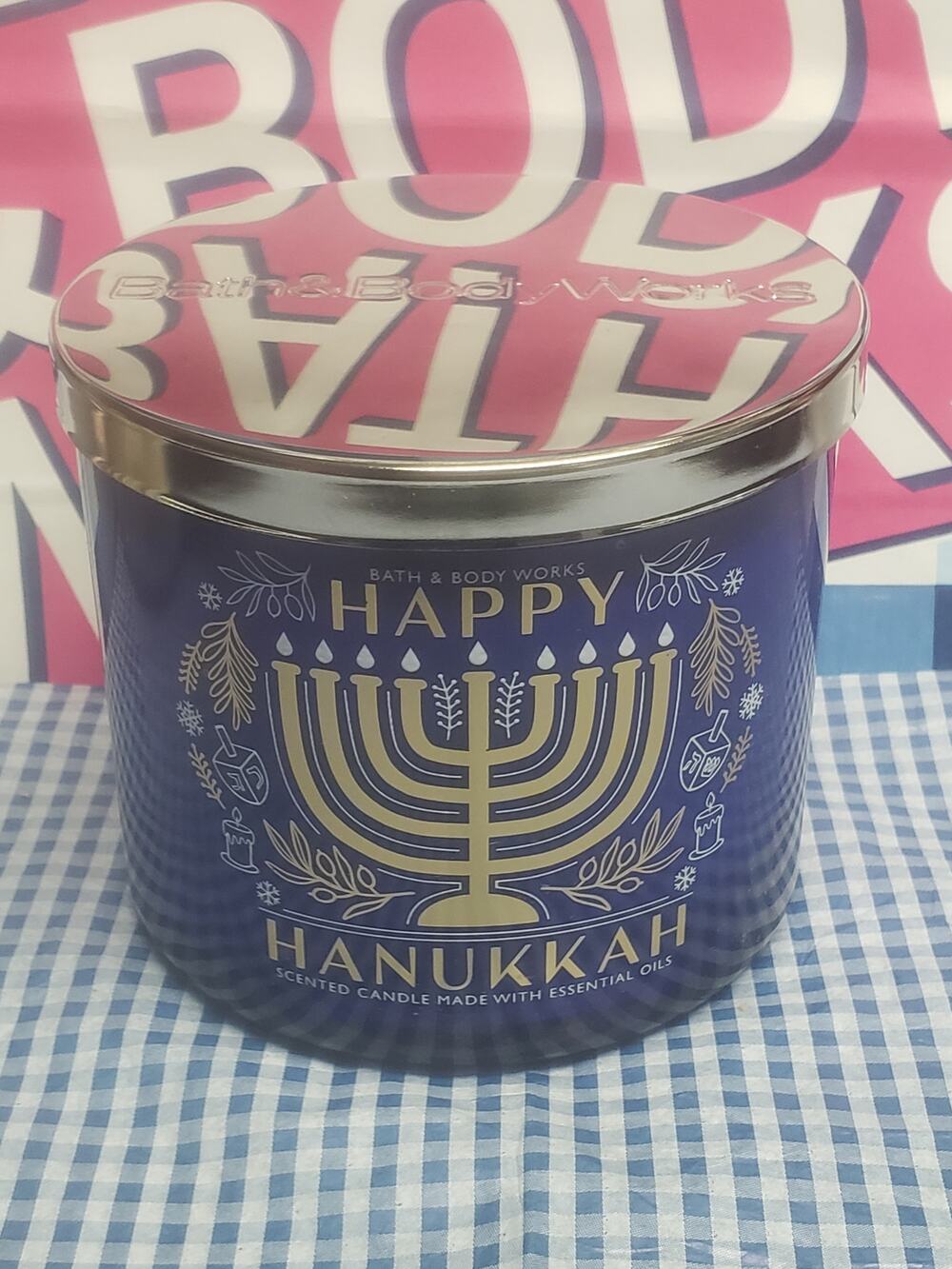 BBW Blue Jar Happy Hanukkah SUFGANIYOT  Large 3 Wick Candle Home Fragrance Decor
